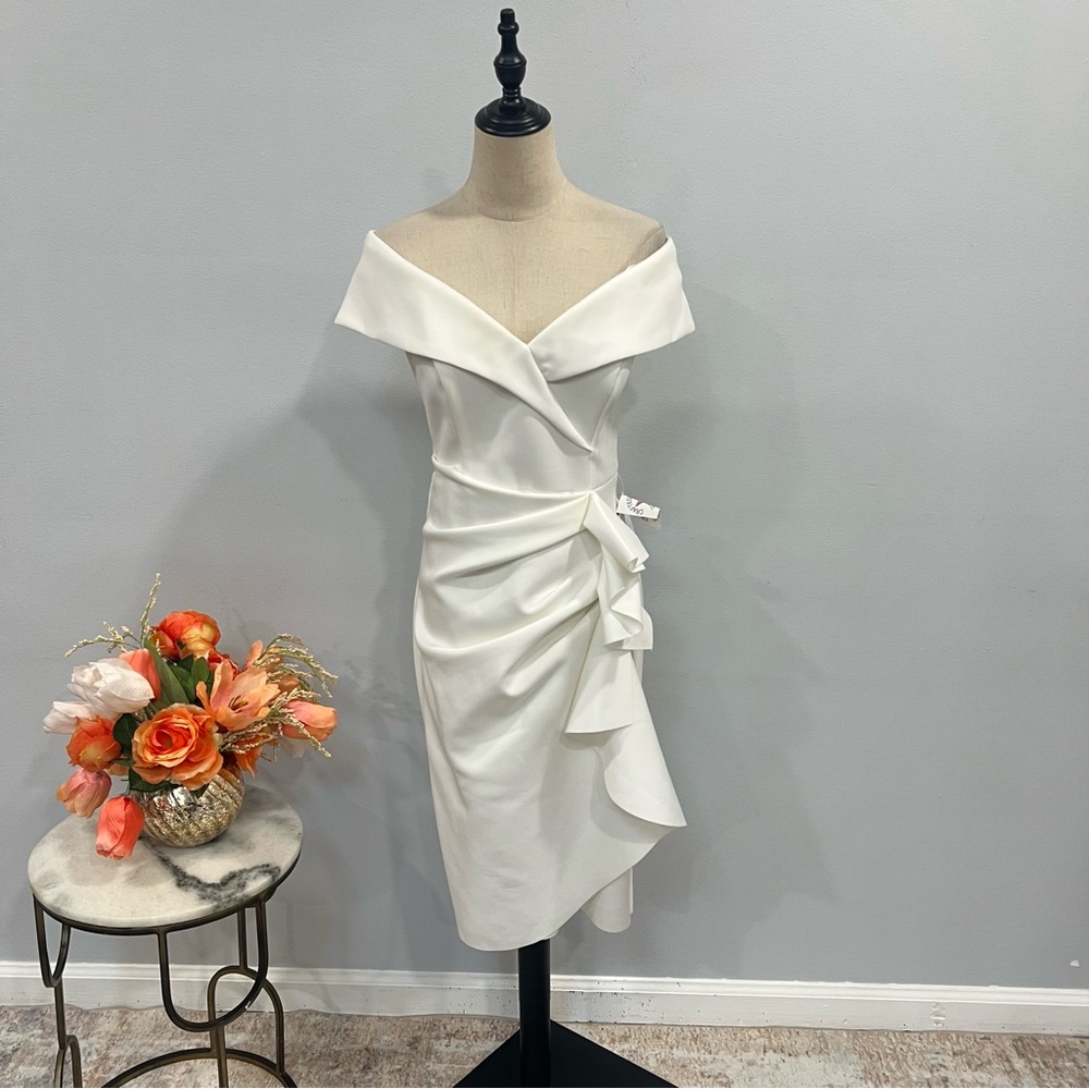 Xscape Ivory White Off The Shoulder Ruched Ruffled Short Formal Dress - Reemoly